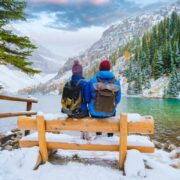 People sitting on a bench in Banff